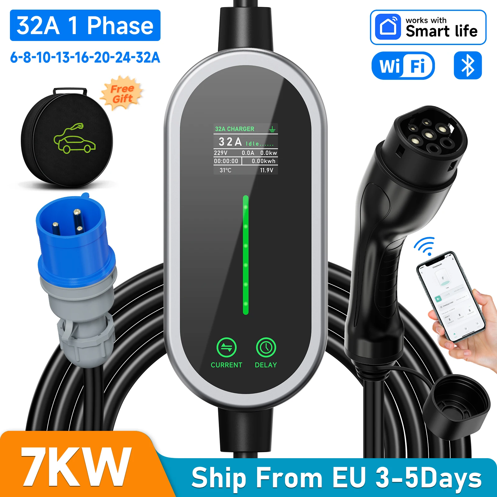 AFEEV 7KW 32A 1 المرحلة المحمولة شاحن سيارات كهربائية Type2 EVSE كابل شحن سريع Wallbox CEE التوصيل واي فاي APP بلوتوث التحكم