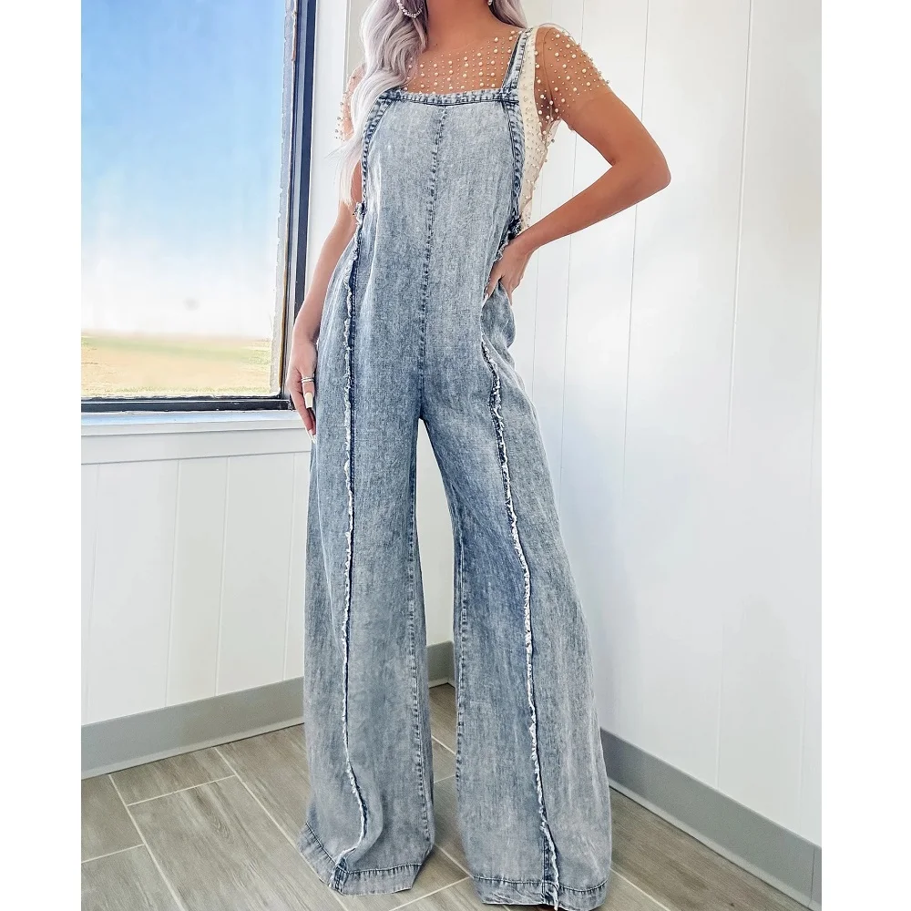 Women Denim Rompers and Jumpsuits Ladies Vintage Wide Leg Jeans Long Jumpsuits Combinaison Femme