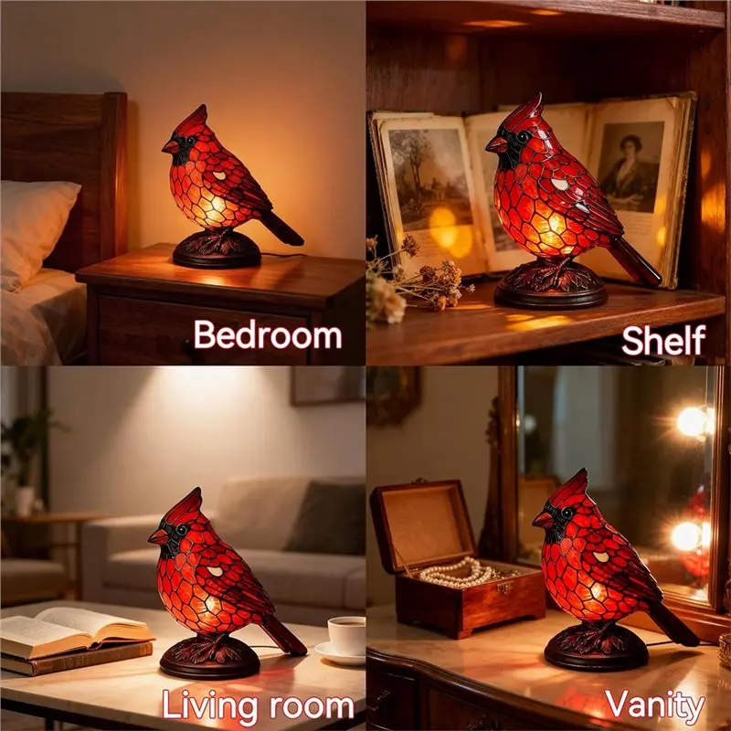 ABZV-New Handmade Red Resin Bird Lamps For Bedroom Bookshelf, Christmas Art Decor Light Decor, Home Office Desk Decor