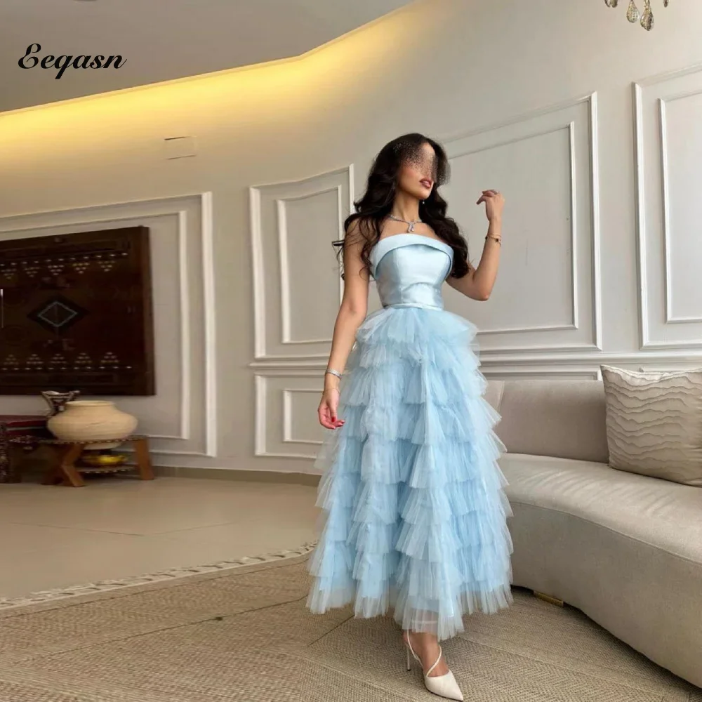 

Sky Blue Tiered Tulle Layers Long Evening Dresses Strapless Party Dress Ankle Length Prom Formal Gown robes de soirée