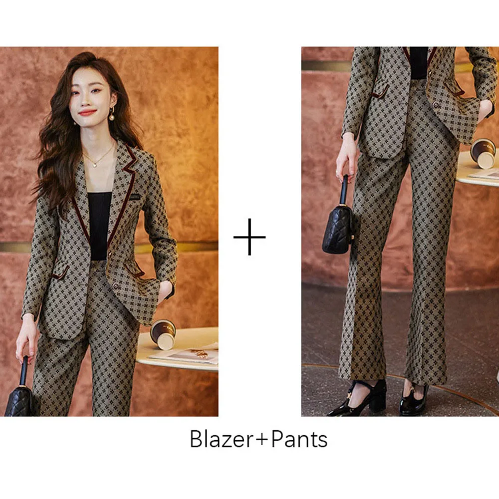 Tesco Khaki Print Women Jacket 2 Piece Suit Senior Blazer Pantsuits For Office Lady Formal Shorts Suits For Working blazer mujer