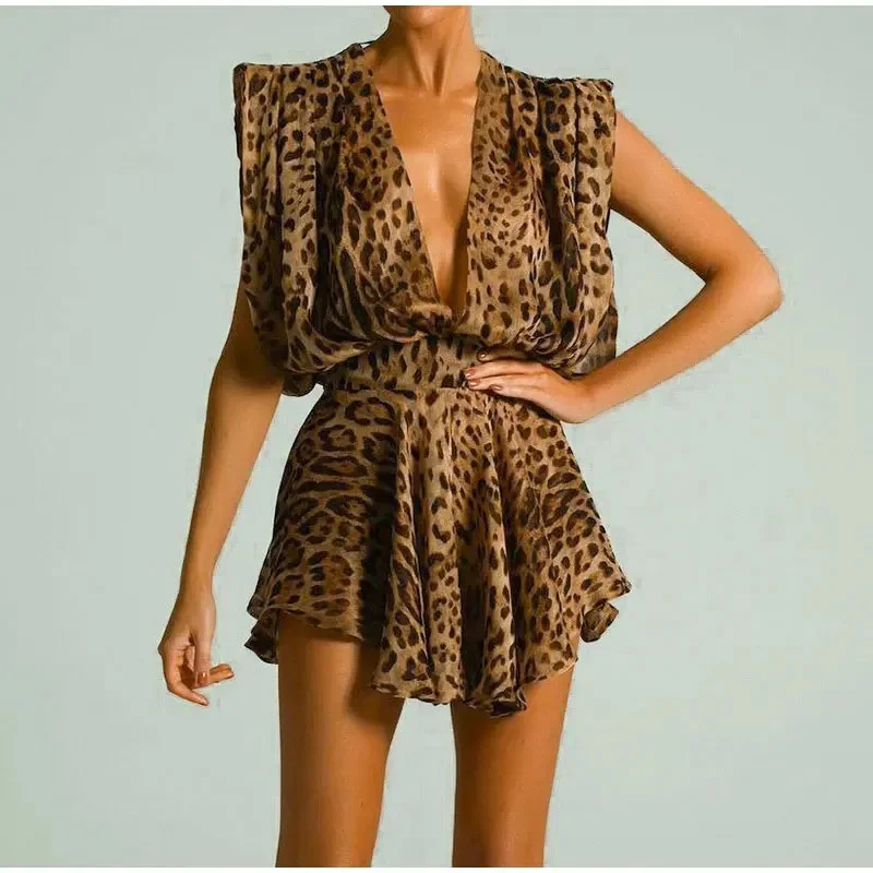 Vestido corto con estampado de leopardo para mujer, minivestido sin mangas con escote en V profundo, corte bajo, ahuecado, cintura alta, Espalda descubierta, con cordones, Sexy, ropa de playa