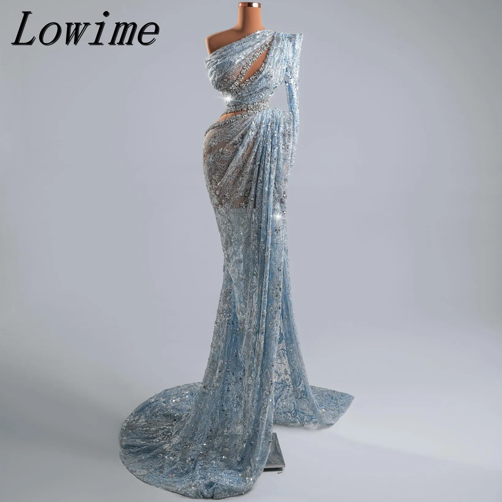 

Glitter Blue Evening Dresses 2025 Beading Rhinestones Crystals Lace Appliques Wedding Party Gowns Senior Prom Gown Customized