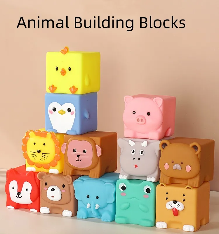 Creative Cognition Sensory Game Block Cute Animal Cartoon Children's Puzzle Assembly Relief Soft Rubber Bathing Toys For Kids