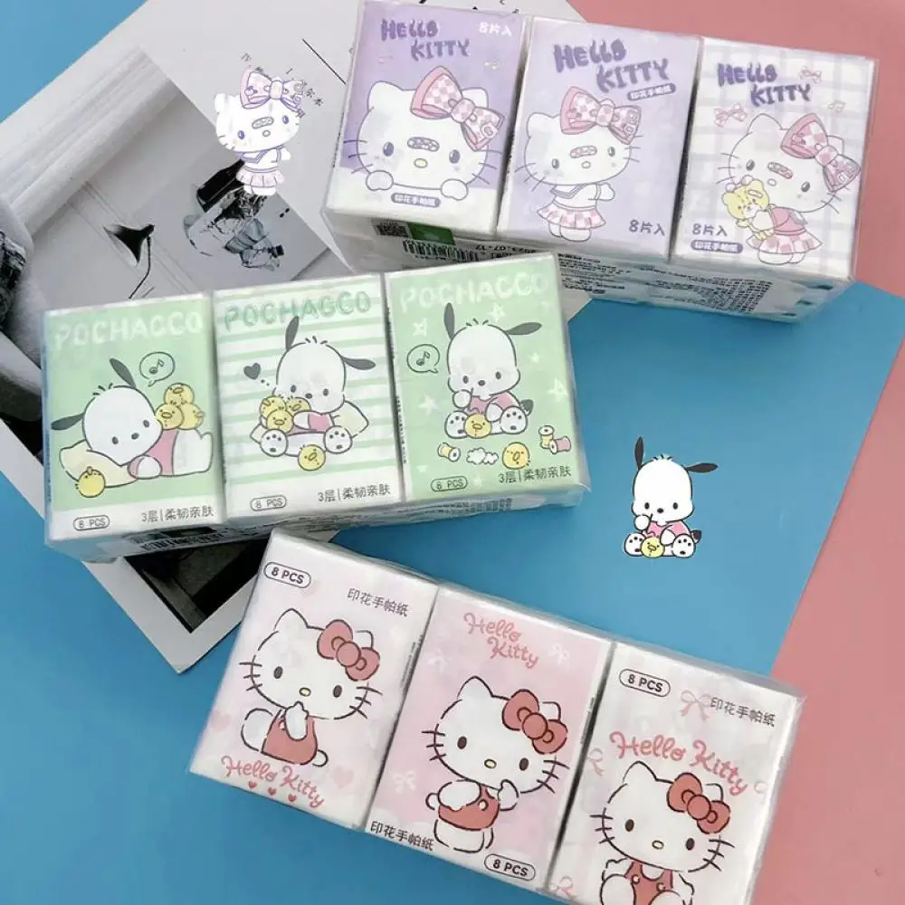 Kawaii Hello Kitty Handkerchief Paper Cartoon Sanrio Pochacco Kitty Printed Napkins Portable Small Pocket Tissues Facial Paper