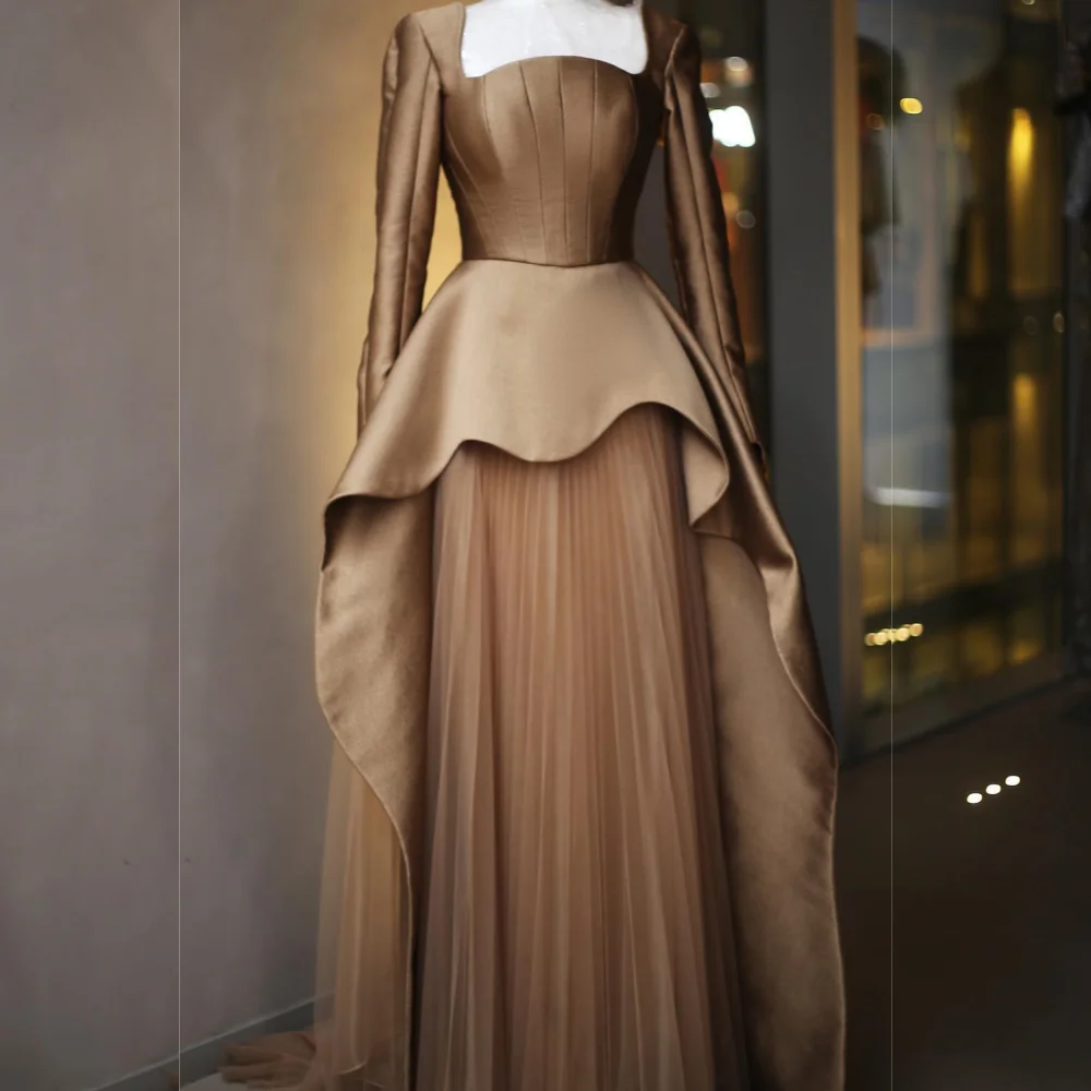 Customized Satin Pleat Engagement A-line Square Neck Bespoke Occasion Gown Long Dresses