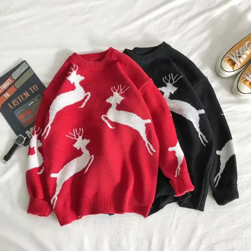 Autumn/winter Korean Style Loose Fit Christmas Deer Pullover Sweater For Men Women Casual Knitted Top Crew Neck Sweater 2025 NEW