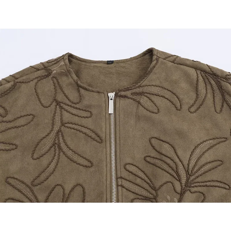 Suninheart 2025 feminino camurça falsa bordado jaqueta bomber vintage manga longa o pescoço solto outerwear curto outono inverno casaco