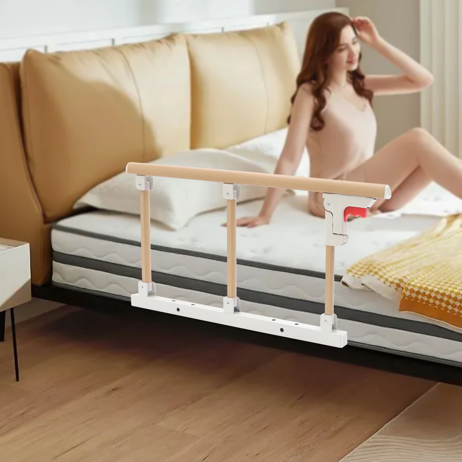 قضبان السرير، حاجز مساعدة بجانب السرير قابل للطي، حاجز حماية سرير أمان 68*44 سم أبيض + لون خشبي للمنازل والفنادق والمستشفيات #1