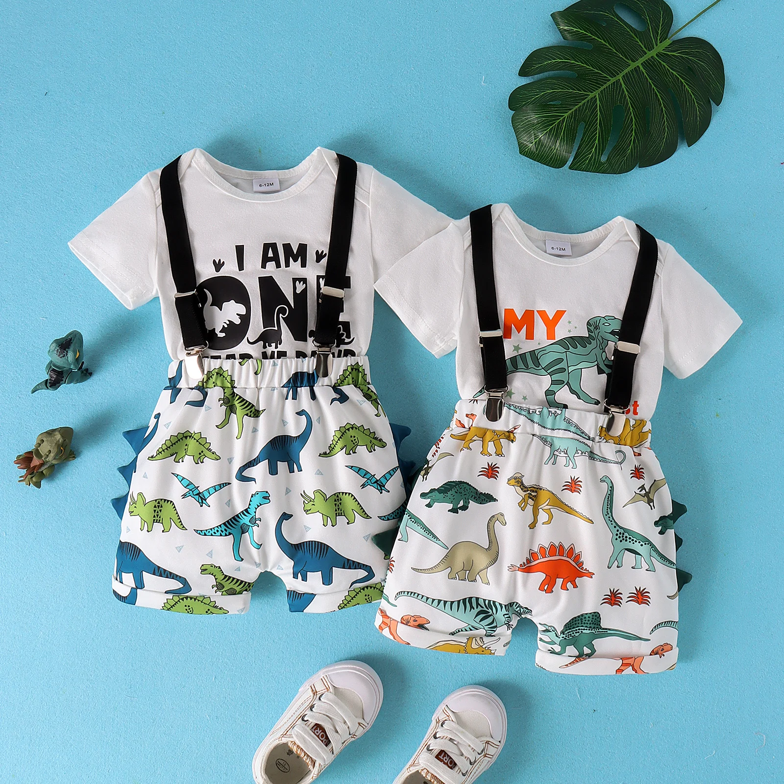 

2PCSSummer Cross-Border New Style For Boys And Babies 0-1 Years Old, Comfortable Trend Dinosaur Print Rice White Top + Bib Pants