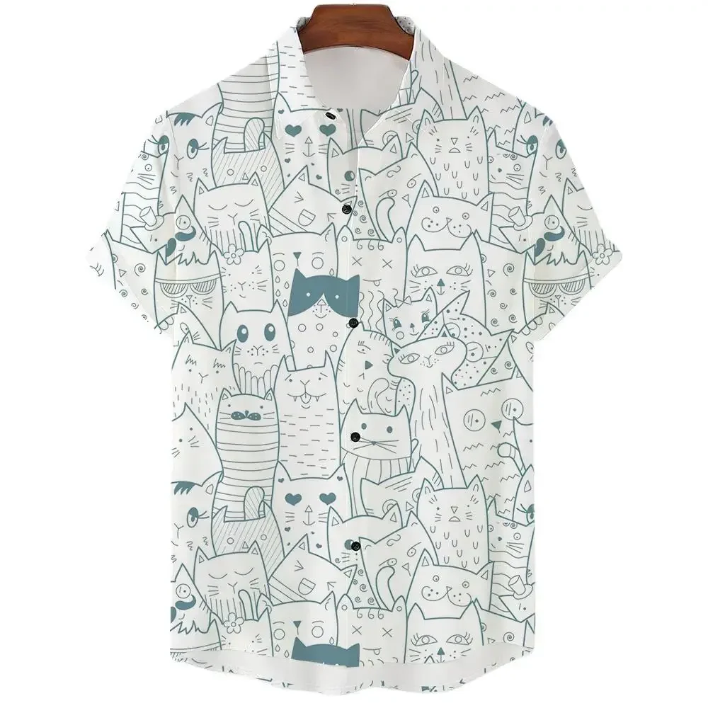 2023 Anime Cartoon Men\'s Shirt 3D Printed Animal Cat Oversized Men\'s Shirt Casual Short Sleeve Daily Hawaiian Shirt Tops Summer