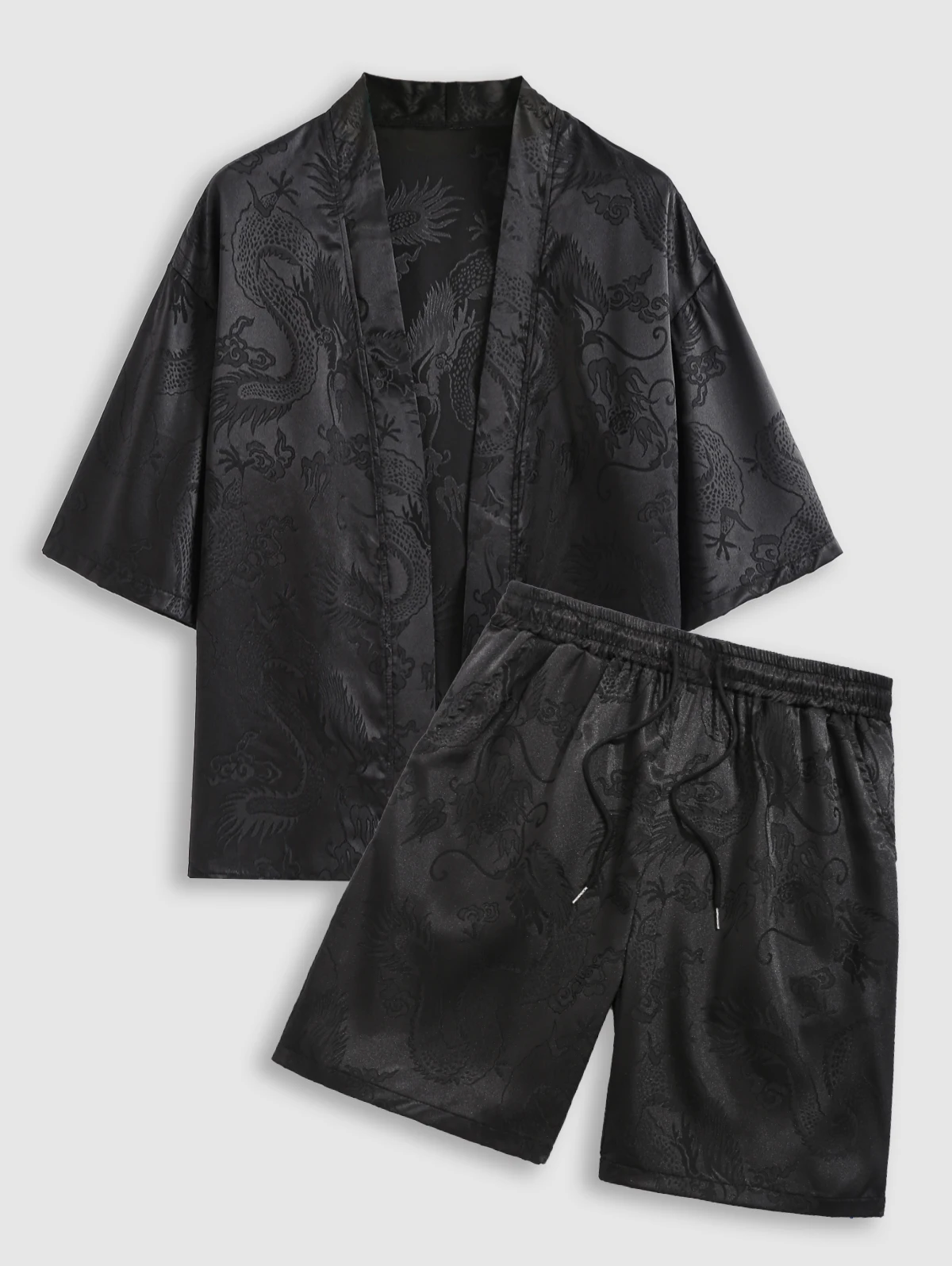 

ZAFUL Men's Matching Two Piece Open Front Silky Satin Oriental Dragon Jacquard Kimono and Shorts Set