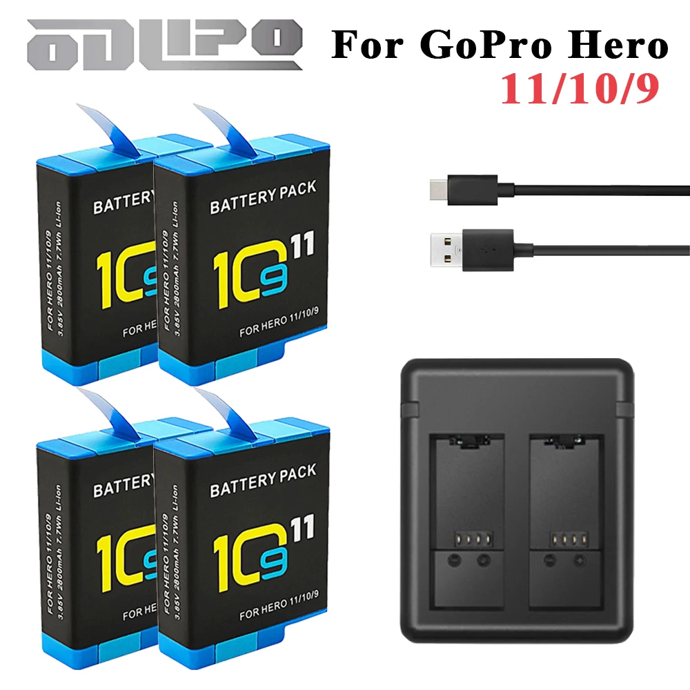 2800mAh for GoPro Hero 11 10 9  Three-Ways LED Light Battery Charger Battery Storage For GoPro 11 10 9 Accessories