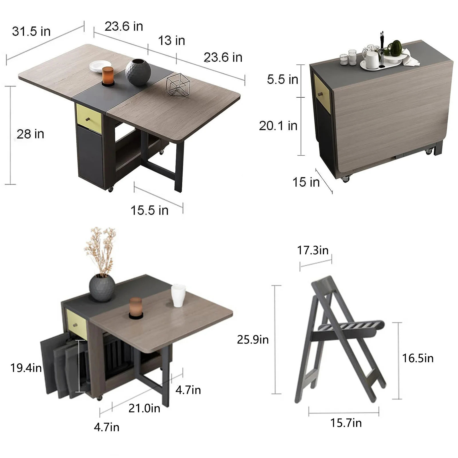 Mesa de comedor plegable con estante de almacenamiento y dos cajones de almacenamiento, mesa de cocina móvil extensible, mesa versátil, ahorro de