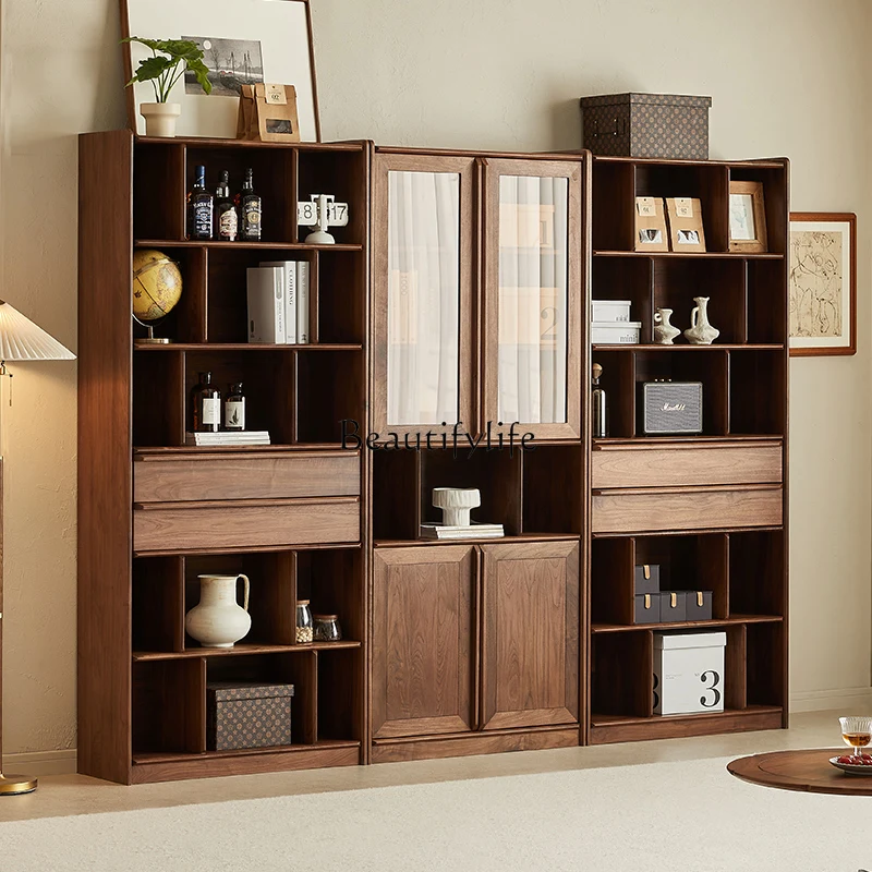 Black Walnut Wooden Bookcase Household Living Room Open Storage Grid Solid Wood Storage Rack with Glass Door