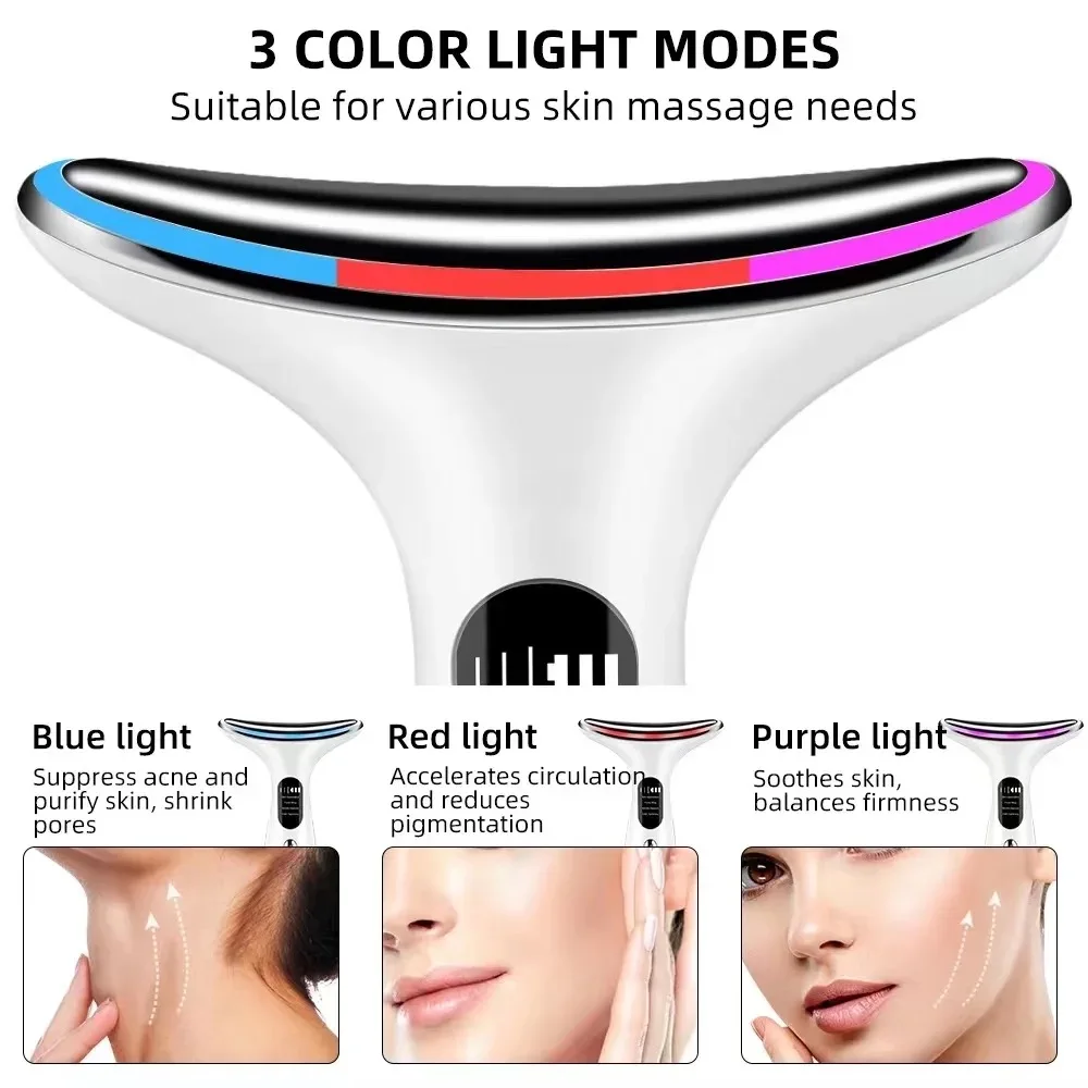 EMS LED Light Neck Face Massage 3 Colors Electric Vibration Hot Compress Skin Lift Tighten Smooth Firm Repair Skin Rejuvenation