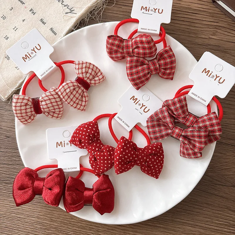 

Red Plaid Stuffed Bow Hair Tie for Kids High Elasticity Korean Sweet Versatile Daily Ponytail Holder Soft Non Slip