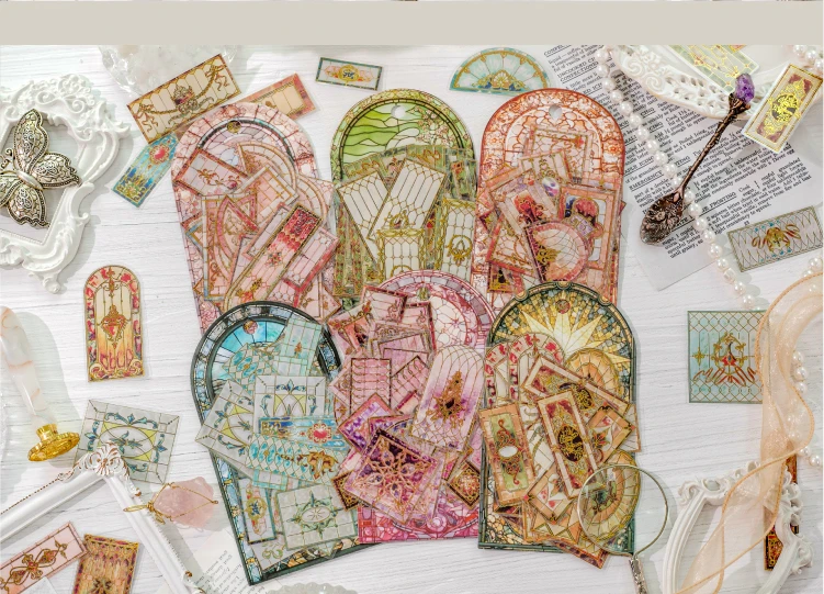 Journal GO 30 Stück Vintage wunderschöne florale Fliesen-Aufkleber mit Heißfolienprägung für Scrapbook-Karten, DIY, goldene geprägte Muster, Planer-Aufkleber – Detail 15