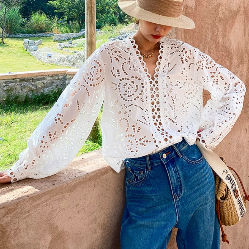 Long Sleeve V-neck White Blouses shirts Women Hollowed out Floral Embroidery Lace Cotton Boho Casual Summer Blouse Ladies Tops