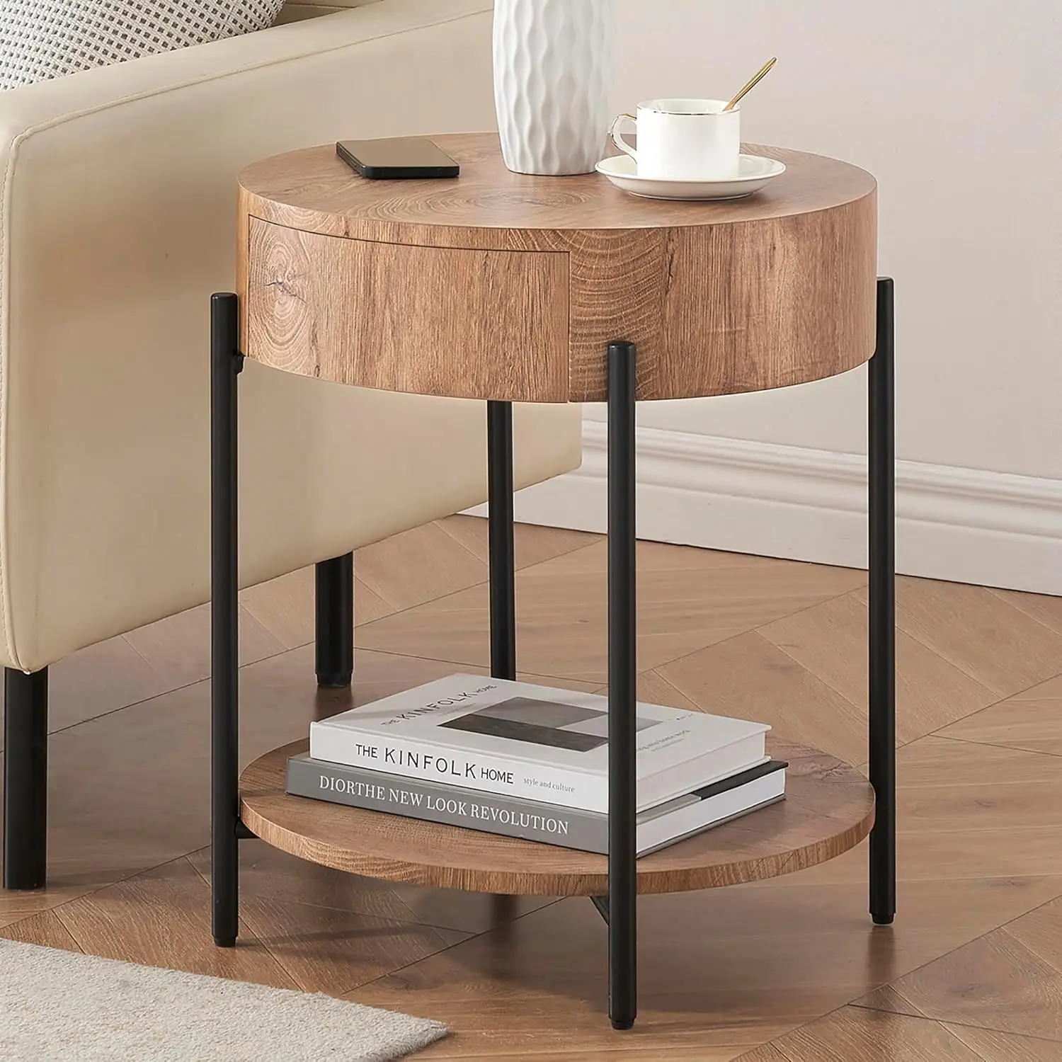 End Table Round Side Table with Drawer Circle End Tables Wooden Bedside Table Metal Frame Farmhouse Nightstand  for Living Room