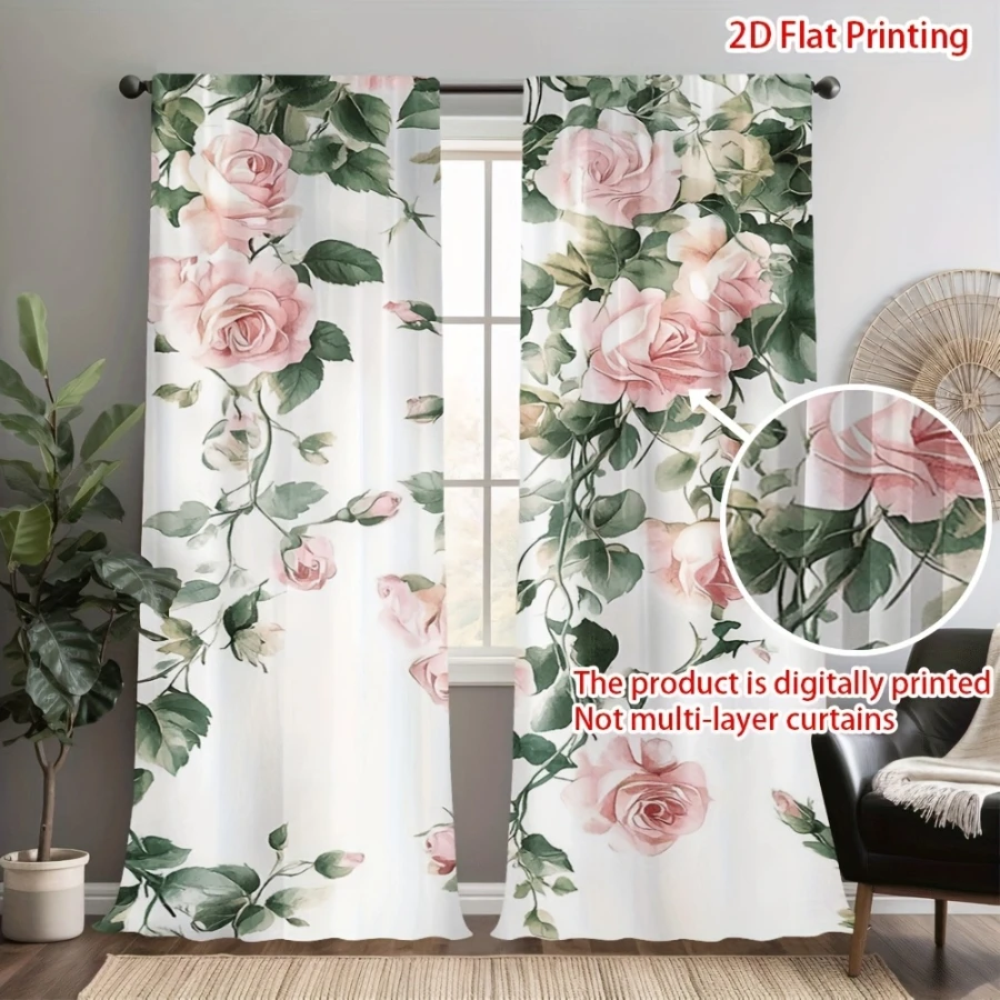 2PCS Digital Printed Curtains, Pink Ink Flower Marks Pattern, Beautiful Window Drapes for Living Room Bedroom Home Decor