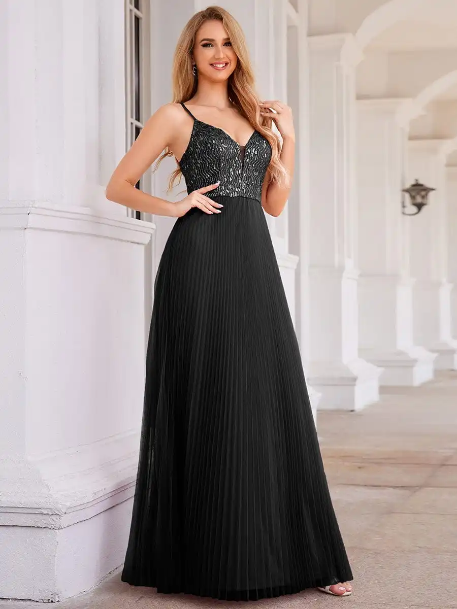 

Elegant Evening Dresses High-Waist Deep V-Neck Sequined Bodice Sleeveless Backless 2024 Ever Pretty of Black Bridesmaid Dress