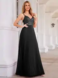 Elegant Evening Dresses High-Waist Deep V-Neck Sequined Bodice Sleeveless Backless 2024 Ever Pretty of Black Bridesmaid Dress