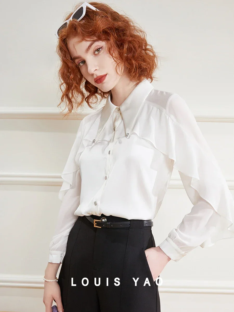 LOUIS YAO Women Shirt 2023 Autumn Long Sleeve Pearl Pointed Collar Falbala Shirt Fashion Elegant Black White Tops