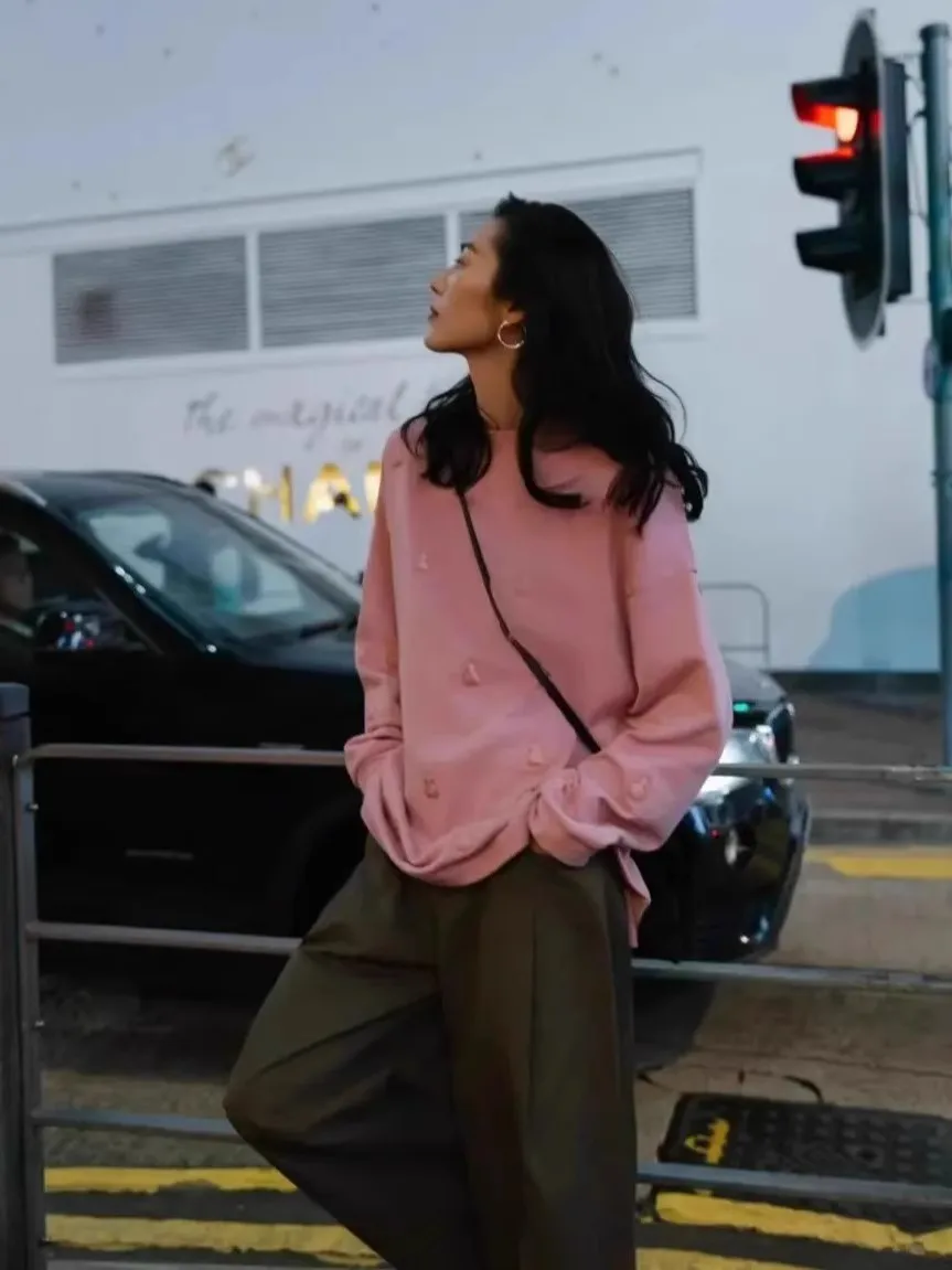 

Loose Fit Long Sleeve round Neck Pink Sweatshirt Women's Autumn Fashion Comfortable Casual Color Hoodie Street Style