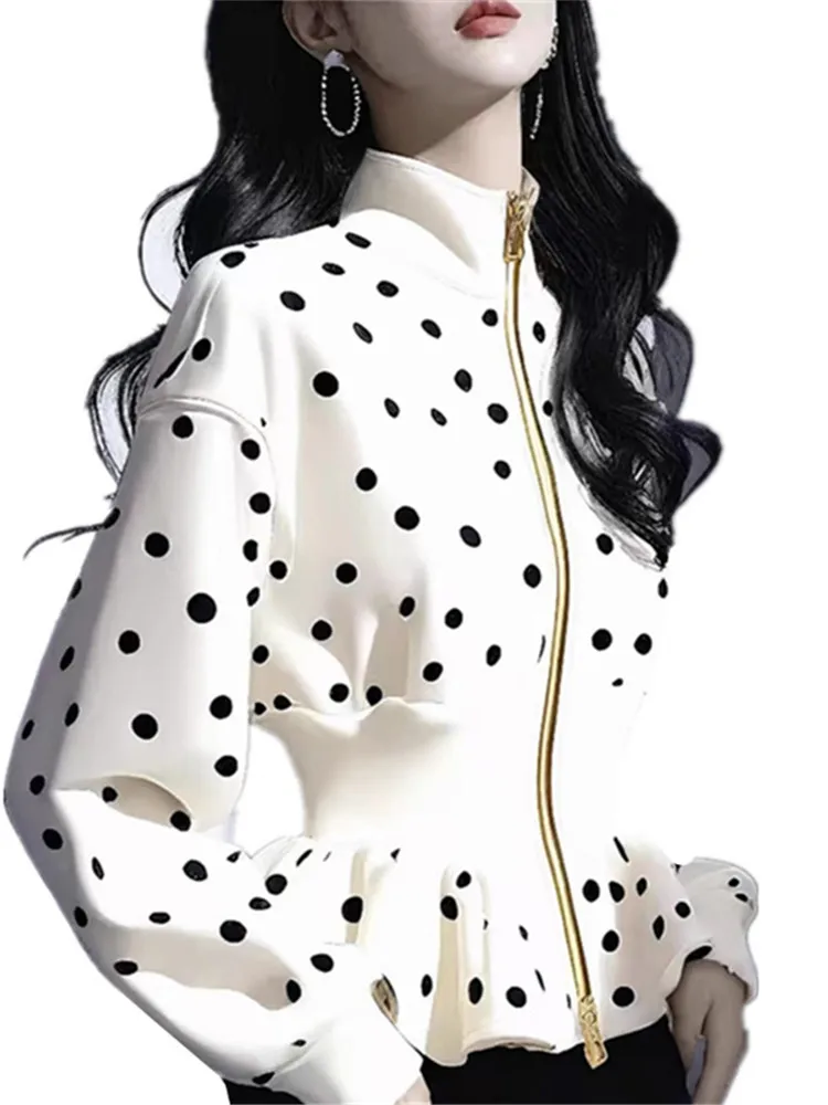 

2025 New Spring Autumn High-End White Coat Women Tops Fashion Stand Collarr Polka Dot Casual Jacket Female Slim Clothing T1053