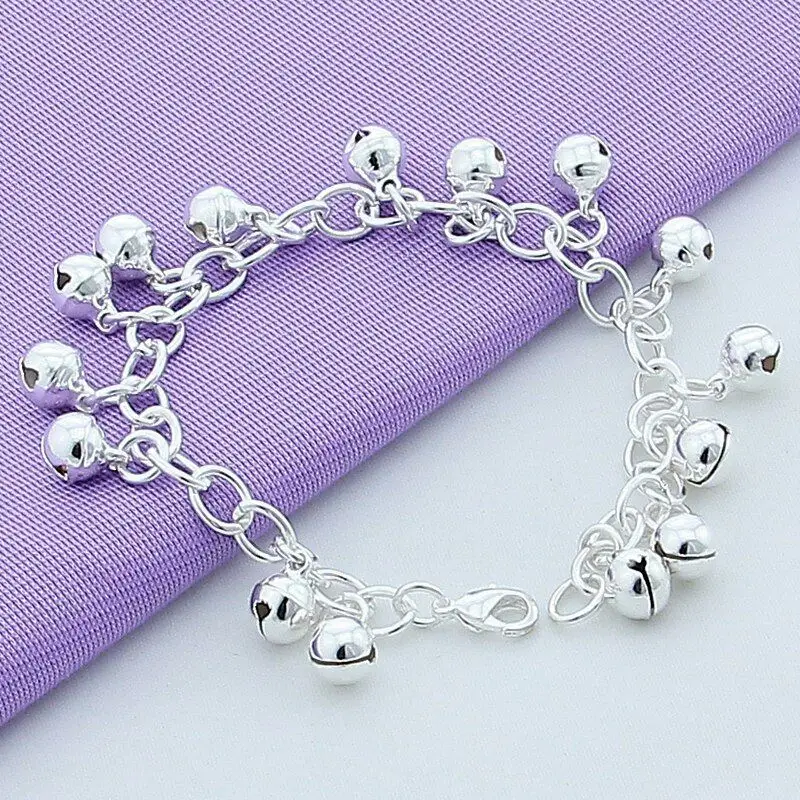 Bohemia 925 Sterling Silver Jingle Bells Beaded Charm Link Bracelet Chains