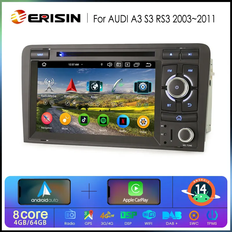 Erisin ES6727A Android 14 Car Stereo Multimedia Player for Audi A3 S3 RS3 RNSE-PU Carplay Auto Radio BT5.0 DSP WiFi IPS Screen