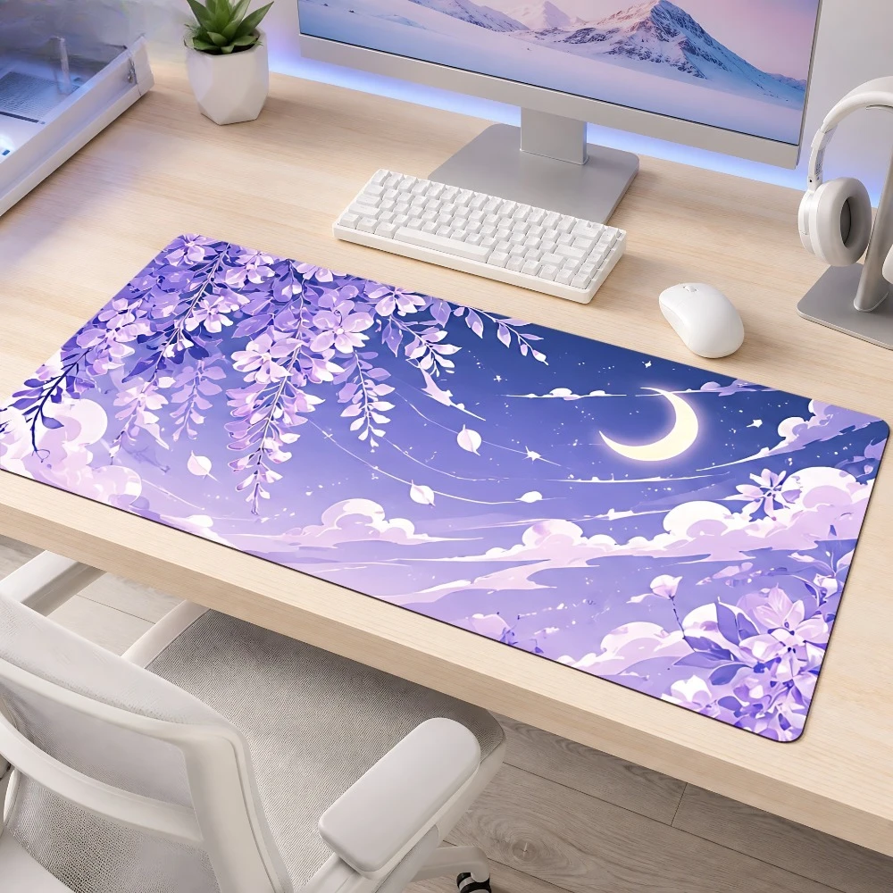 Purple and white moonlight flower pattern mouse pad, anti-slip,suitable for office desks, computer tables decorative accessories