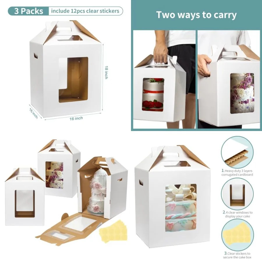 

3 Pack Tall Cake Boxes for Tier Cakes 16x16x18 Inch Disposable Layer Tall Baking Carrier with Window Large Tierd Bakery Take Ou