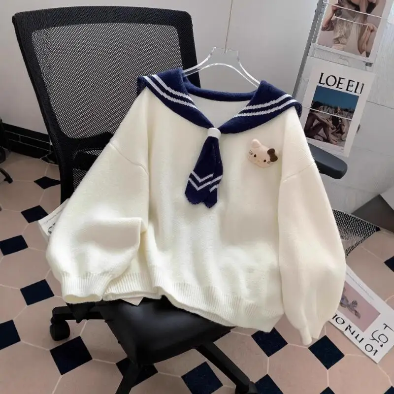 

Горячий женский новый темно-синий милый свитер с воротником Hello Kitty 2025 года для верхней одежды, свободные вязаные топы в ленивом стиле на осень-зиму