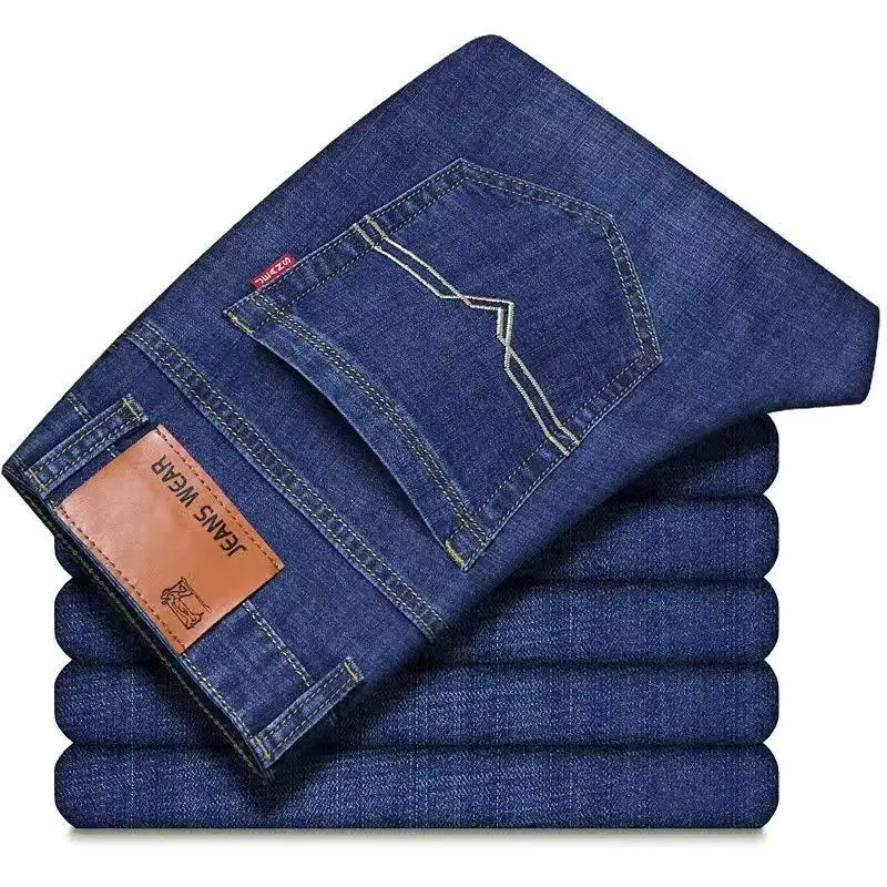 Fashion ritsleting bisnis dicuci lurus Jeans pakaian pria 2024 musim semi musim panas baru longgar warna Solid semua cocok celana Denim