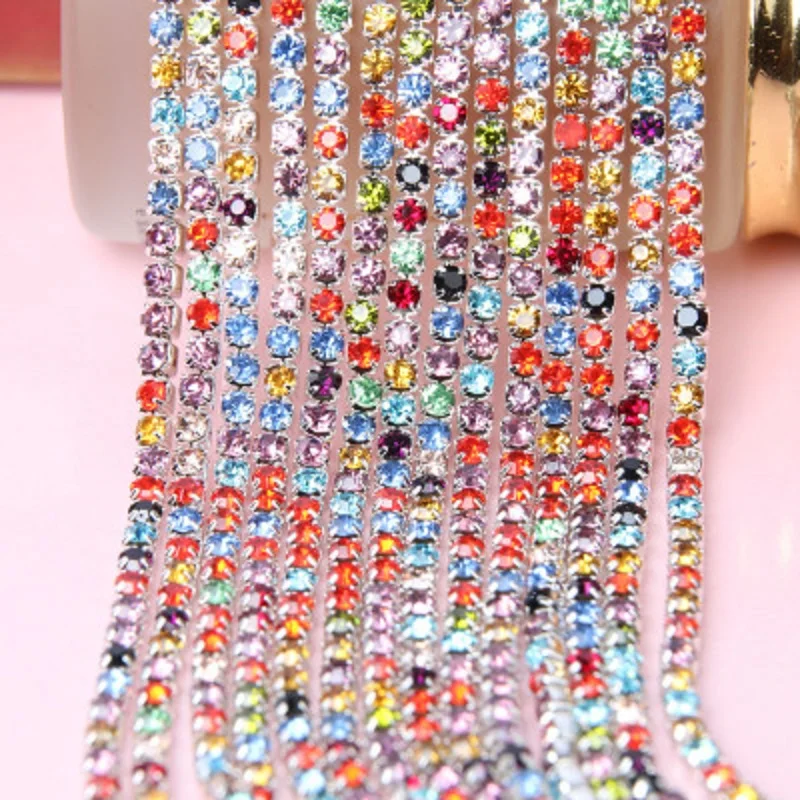 Mix Color 1yard/Piece 17Colors Glass Crystal Rhinestone Chain,Silver Bottom Sew on Cup Chains For Diy Garment Bags Decorations