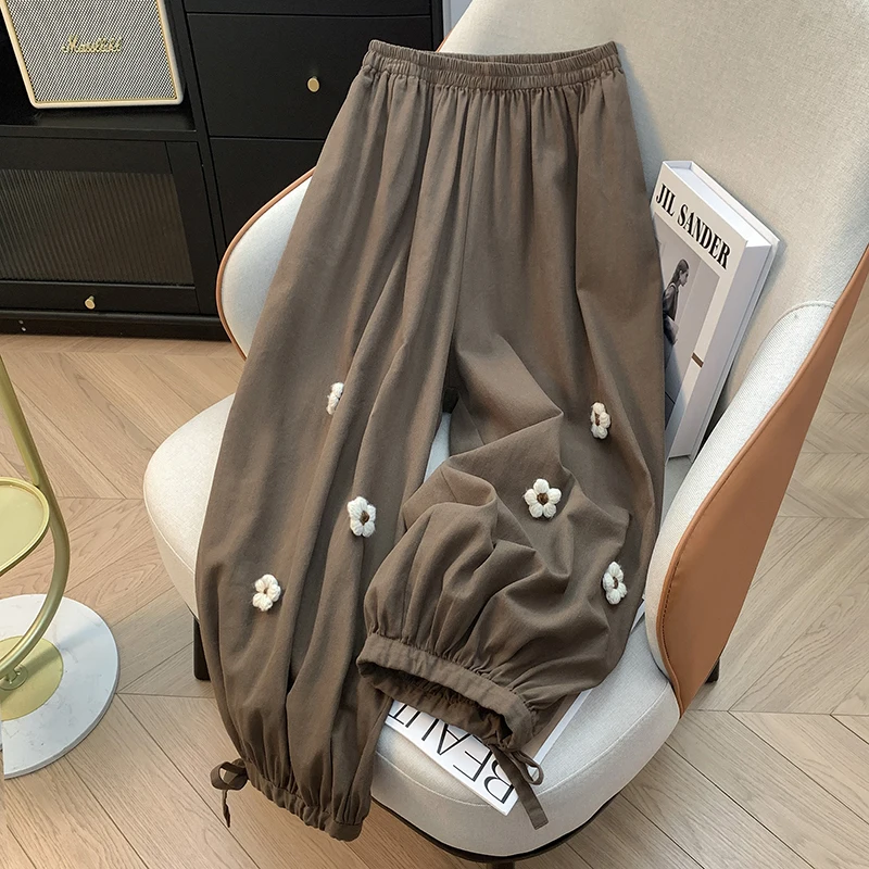 

Женские брюки-фонарики для похудения, весна 2026, свободного кроя, укороченные, с манжетами, с 3D цветочным декором, повседневные брюки