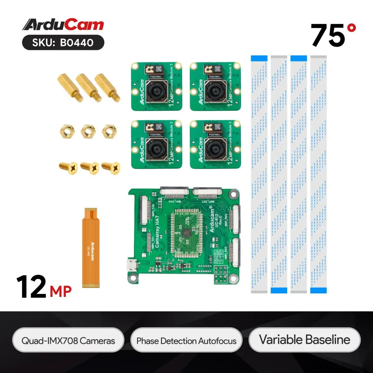 

Arducam Camera Module 3 Stereo Synchronized 12MP*4 IMX708 Quad-Camera Kit for Raspberry Pi