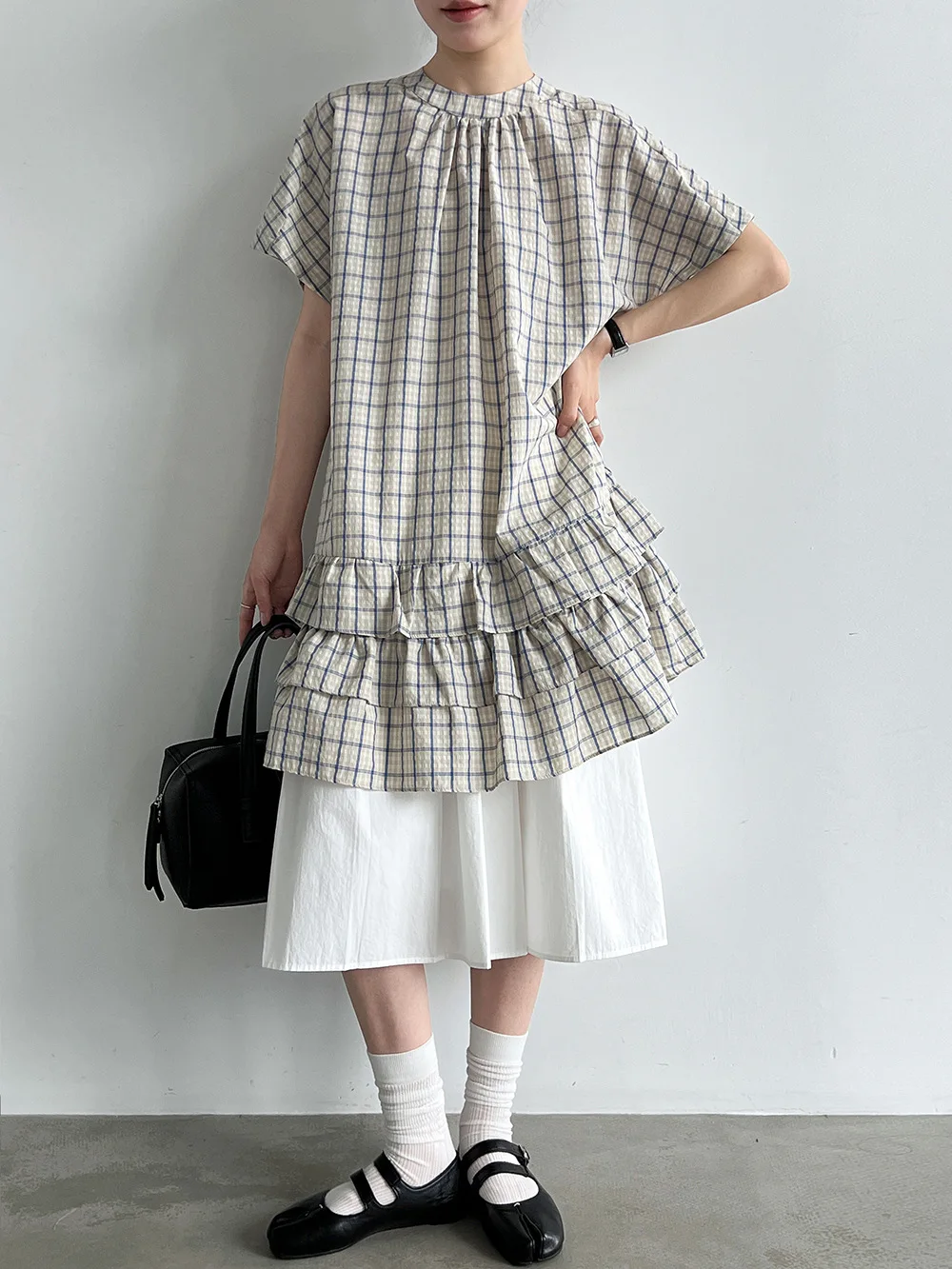 

SuperAen Korean-style Plaid Short Loose A-line Dress for Women Summer 2026 New Elegant Sweet Ruffled Pleated Dress