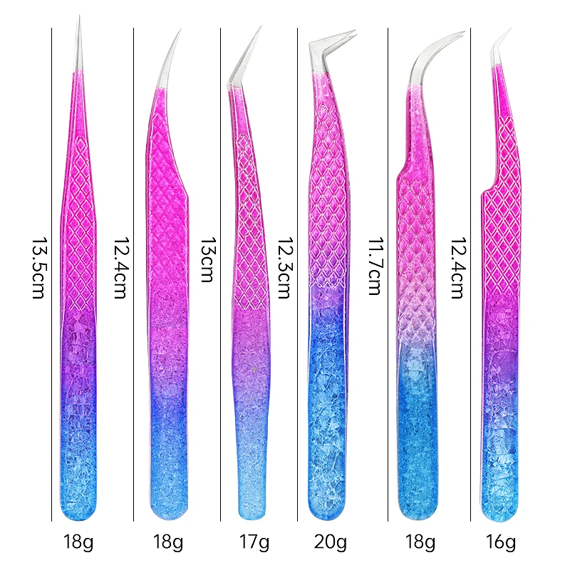 1pcs Stainless Steel Eyelash Extension Tweezers Eyebrow Clip Red Blue Gradient Ice Flower Art Design Lash Tweezers Makeup Tools