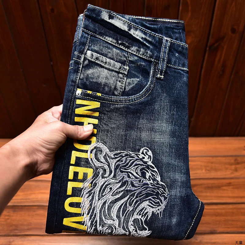 

Tiger Embroidered Jeans Men's Fashion and Handsome Street Skinny Pants Hole & Patch Scrape Elastic Trend Printed Trousers