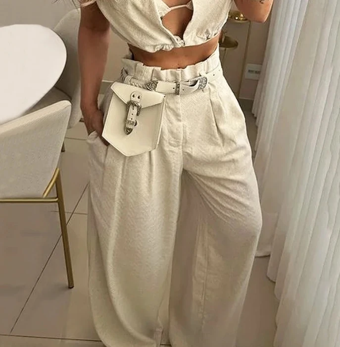 Two Piece Set Women Outfit 2024 Summer Fashion Solid Color Lapel Sexy Sleeveless Crop Top & Casual High Waist Wide Leg Pants Set