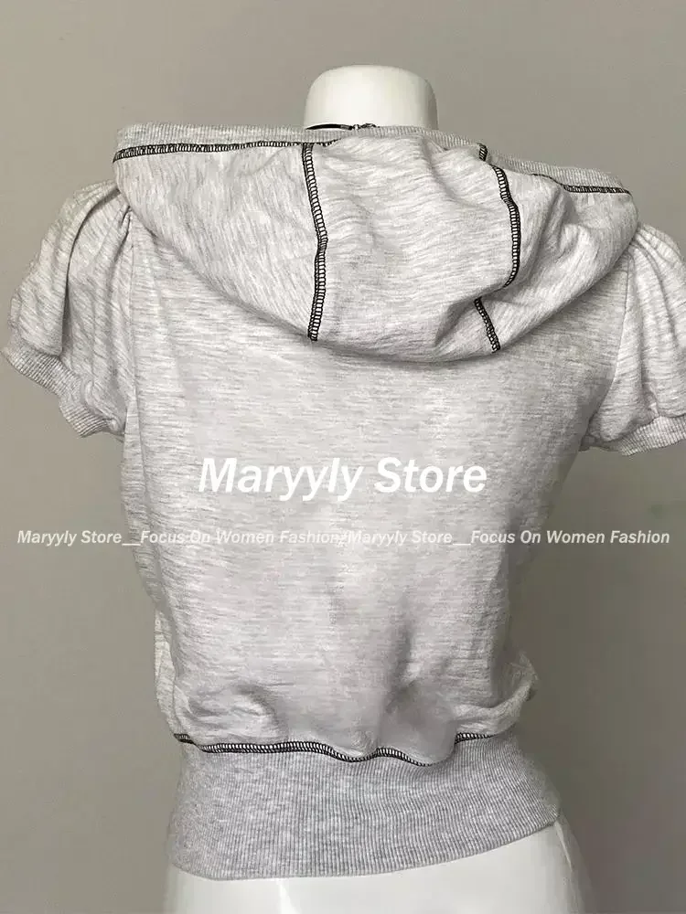 American Retro Hooded T-shirt Women 2000s Vintage Slim Y2k Crop Tops 2024 Summe Harajuku Streetwear Short Sleeve Tees Shirts New