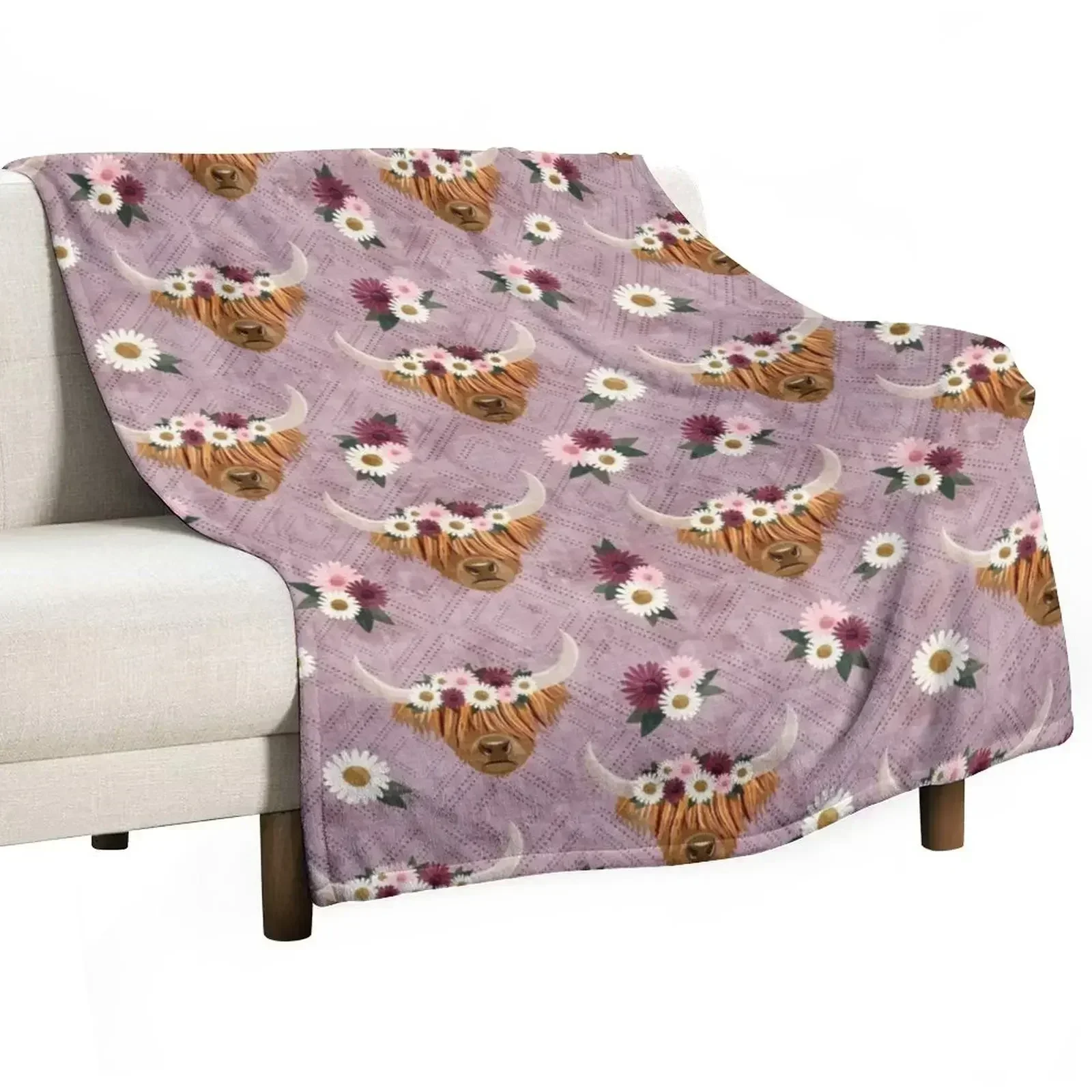 Floral Crowned Highland Cows on Mauve Throw Blanket Hair Plaid on the sofa Luxury Thicken Blankets