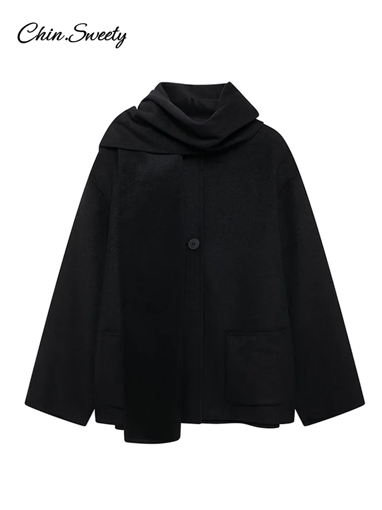 Elegant Black Scarf Coat Women Full Sleeve Loose Single Breasted Jacket 2024 Fashion Autumn Winter Loose High Street Overcoat ﻿