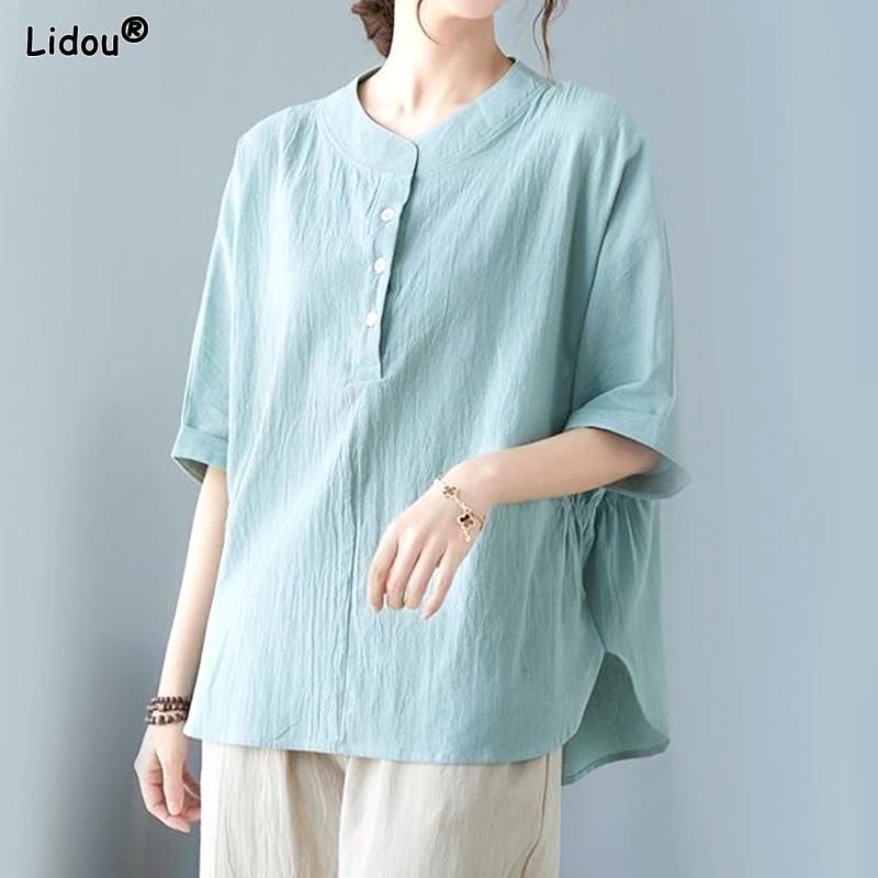 

Simplicity Round Neck Elbow Sleeve Button Loose Elegant Fashion Thin Women's Clothing 2023 Spring Summer Solid Color T-Shirts