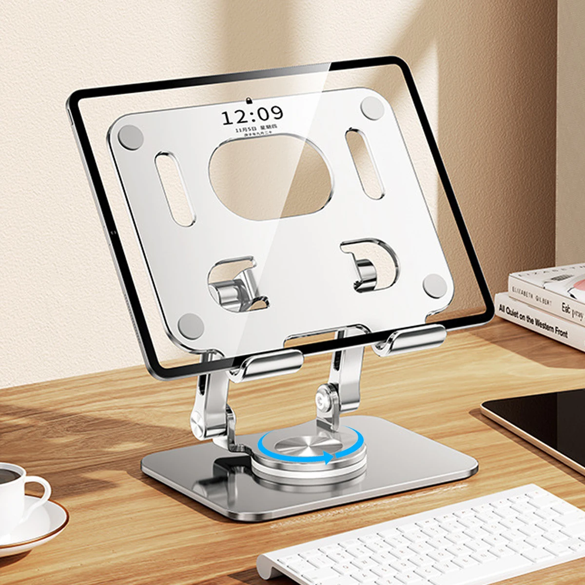 Tablet Stand Adjustable, Swivel IPad Stand with 360 Rotating Base, Aluminum Foldable Desktop Stand Holder Compatible All Tablet