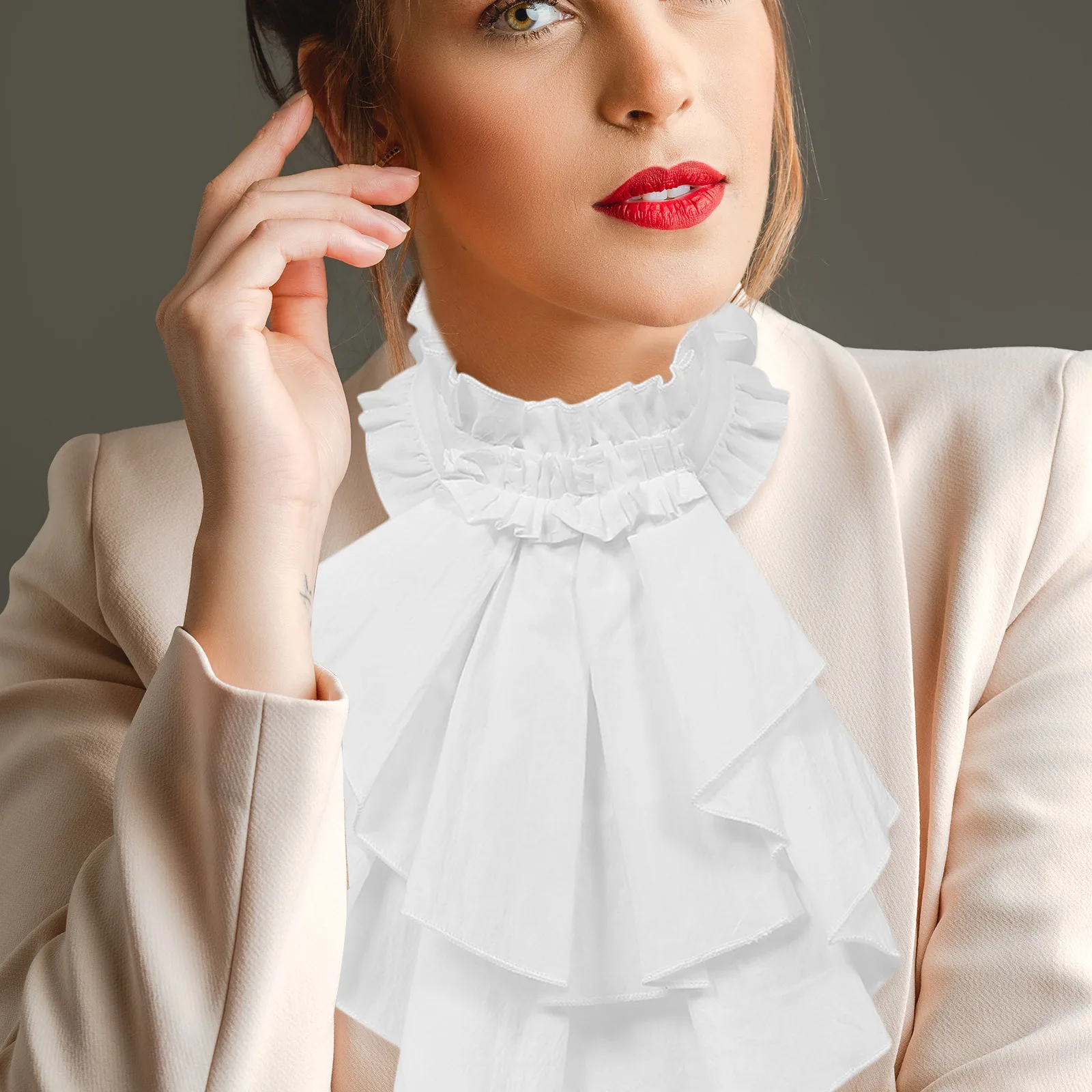 الأبيض انفصال المحكمة نمط طوق تكدرت متعدد الطبقات فو برقبة قابل للتعديل خمر الدانتيل متابعة تصميم للنساء الشتاء #3