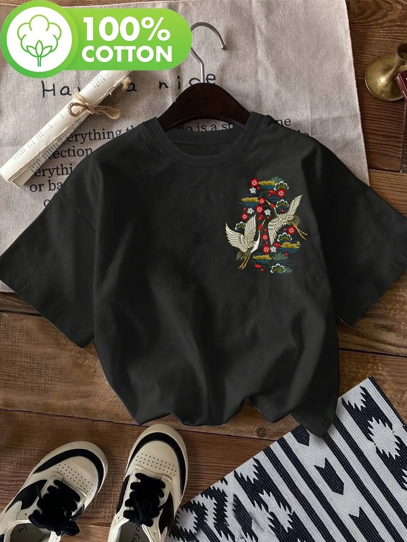 Harajuku Vogel-Blumen-Grafik T-Shirt 100% Baumwolle Damen Sommer Casual Kurzarm Rundhals Lose Passform Vintage Vogel-Top T-Shirt – Detail 3
